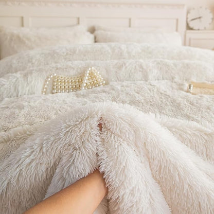 chovy Faux Fur Plush White Comforter Sets Twin/Full Size - Ultra Soft Shaggy Flannel Velvet Fluffy Fuzzy 3PC Bedding Set （Comforter x 1 Pillowcases x 2）