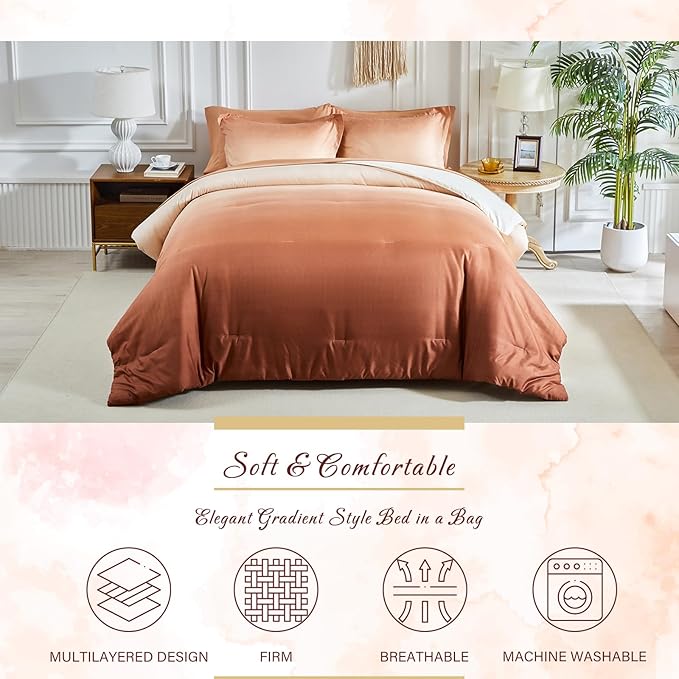 Burnt Orange and Pumpkin Gradient Comforter Set Queen Size 7 Pieces Elegant Ombre Bed in a Bag - Reversible Bedding Set with Comforter, Flat Sheet, Fitted Sheet, 2 Pillowcases & 2 Pillow Shams