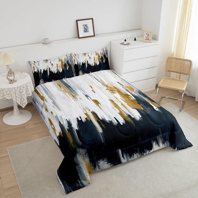 Gray Blue Comforter Set Full Gradient Stripe Bedding Set Modern Oil Painting Graffiti Bedding Comforter Sets Watercolor Abstract Artwork Duvet Set Aesthetic Chic Vintage Quilted Comforter Lightweight