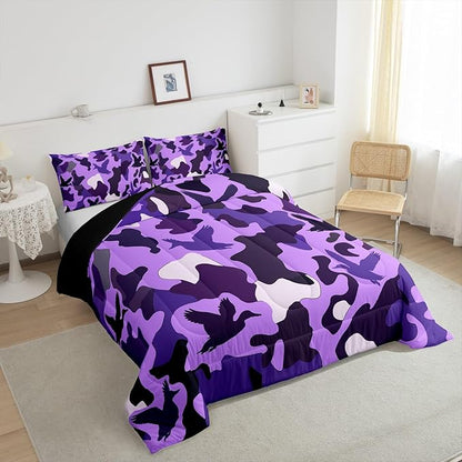 Erosebridal Duck Hunting Duvet Insert Full Duck Hunter Bedding for Kids Girls Army Camouflage Hunting Bedding Comforter Sets Vintage Purple Black Room Decor Wild Animal Duck Rustic Comforter Set