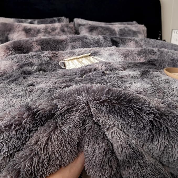 chovy Faux Fur Tie-Dyed Black Gray White Colorful Comforter Sets Twin - 3PC Bed Set Ultra Soft Plush Flannel Velvet Fluffy Fuzzy Bedding（Comforter x 1 Pillowcases x 2）