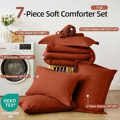 FUANNA Full Size Comforter Sets Burnt Orange, 7 Pieces Soft Bed in a Bag Full, All Season Lightweight Bed Sets with Comforter, Flat Sheet, Fitted Sheet, Pillowcases & Shams
