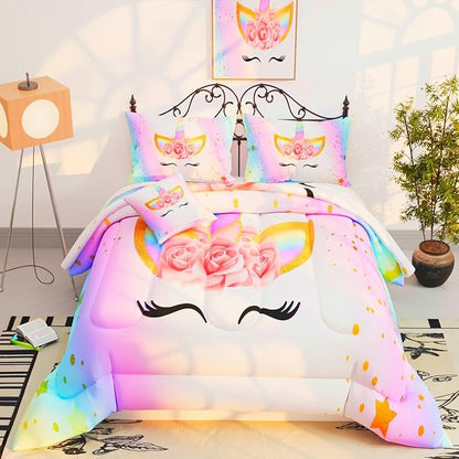 6 Pieces Unicorn Comforter Sets,3D Pink Unicorn Pattern,Decorative 6 Piece Bedding Sets with Comforter,Flat Sheet,Fitted Sheet,Throw Pillow Cover,Pillow Shams,Twin Size