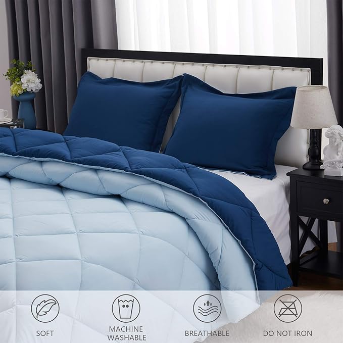 NexHome King Size Comforter Set Navy Blue&Light Blue, 3 Pieces Lightweight Reversible Comforter King Size, All Season Fluffy Down Alternative Comforter Bed Set Quilt Blanket