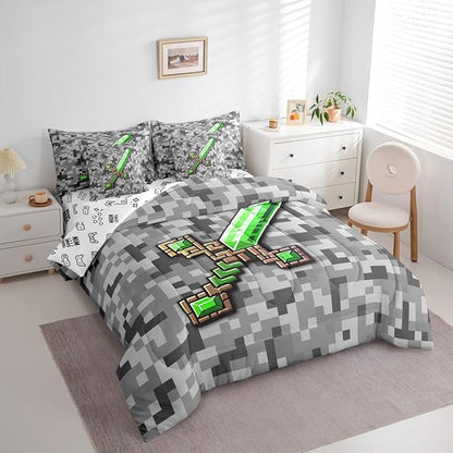 Castle Fairy Green Gemstone 7 Piece Comforter Sets King Size,Green Brown Sword All Season Reversible Bed in a Bag Grey Pixel Bedding Sets Miner Theme Square Flat Sheet,Fitted Sheet,Pillowcases
