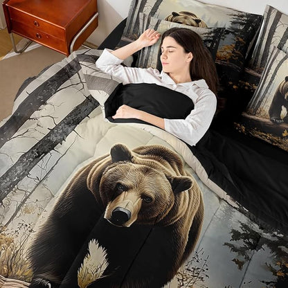 Erosebridal Nature Forest Bear 7- Piece Bedding Set Queen Size | Grizzly Brown Bear Comforter Set with Sheets for Kids Teens Adults Woodland Wild Animal Bed in A Bag Country Rustic Farmhouse Bed Sets