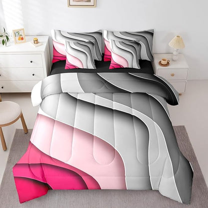 Erosebridal Grey Hot Pink Gradient Queen Comforter Set 7 Pieces for Girls Geometric Stripe Bedding Comforter Sets, Aesthetic Wave Bed in a Bag Modern Abstract Bedding Set, Ombre Bed Sheets Set