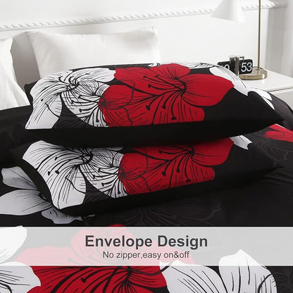 Menghomeus Black Comforter Set Full Red and White Floral Comforter with 2 Pillowcases Modern Bedding Sets Lightweight Boho Bed Set for All Season (1 Comforter, 2 Pillowcases)
