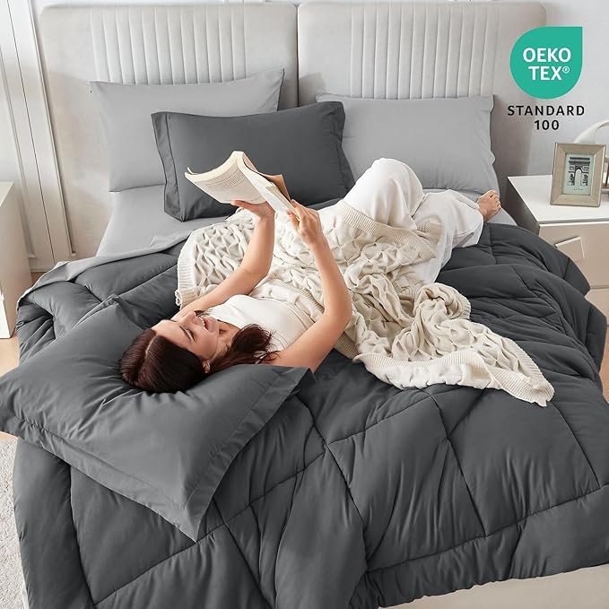 Sasttie Twin XL Comforter Set, 5 Pieces Twin XL Bed in a Bag, Complete Bedding Set Includes Comforter, Flat Sheet, Fitted Sheet, Pillowcase and Pillow Sham, Dark Grey & Light Grey