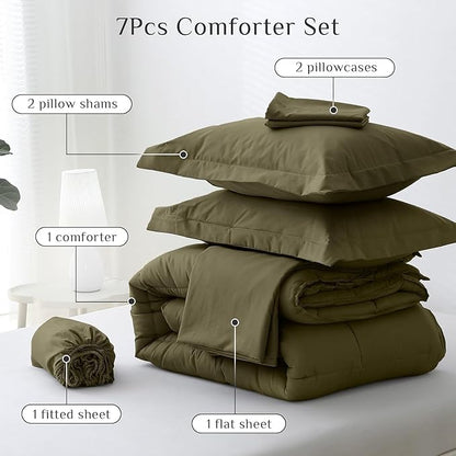 JOLLYVOGUE Queen Comforter Set, Ultra-Soft Bed in a Bag Queen Size 7 Pieces, Oeko-TEX Certified Bedding Set with Down Alternative Comforter, Sheets, Pillowcases & Shams, Olive Green