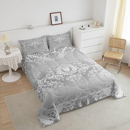 Feelyou Adults Silver Vintage Damask Floral Comforter Set Oriental Antique Comforter Full Size Gothic Bohemia Boho Bedding Set Exotic Sugar Skull Duvet Set Quilt Set 3Pcs