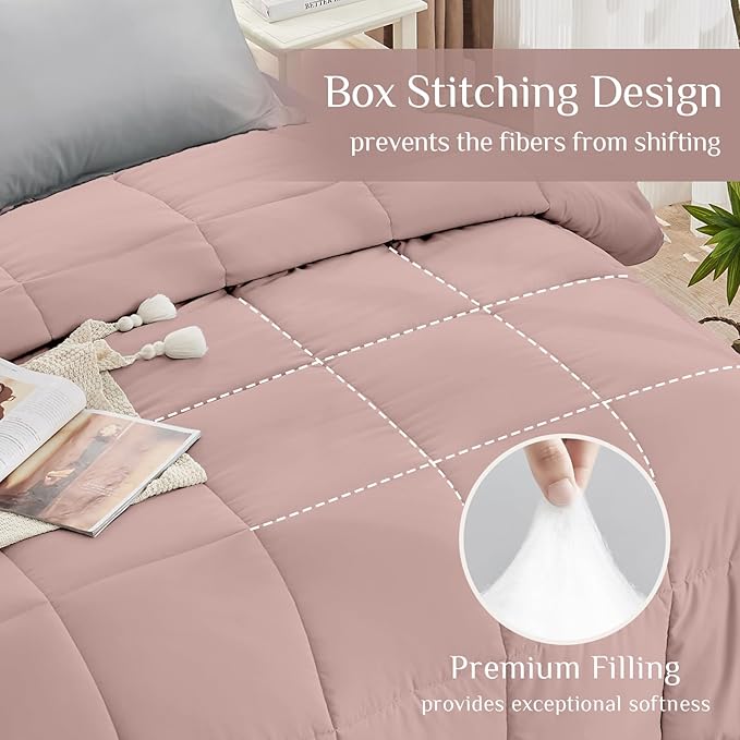 JOLLYVOGUE King Comforter Set, Ultra-Soft Bed in a Bag King Size 7 Pieces, Oeko-TEX Certified Bedding Set with Down Alternative Comforter, Sheets, Pillowcases & Shams, Pink & Light Grey