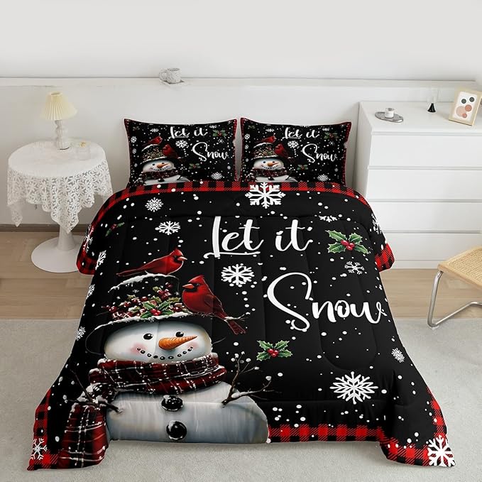 Winter Snowman Bedding Sets Twin Size,Merry Christmas Comforter Set 2Pcs for Kids Girls Boys Women Room Decor,Red Black Checkered Quilted Duvet Northern Cardinal Down Comforter,1 Pillowcase