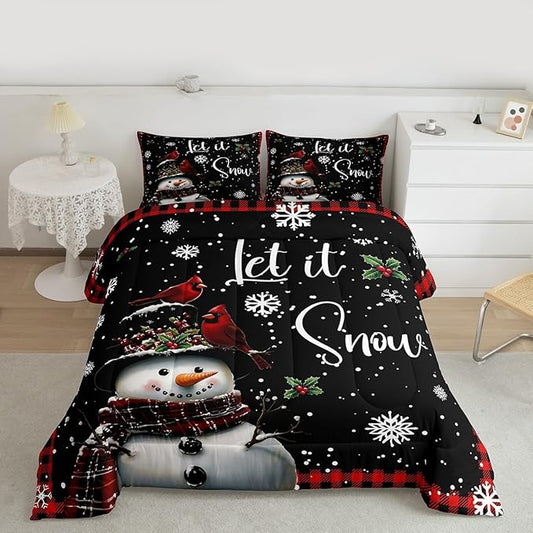 Winter Snowman Bedding Sets Twin Size,Merry Christmas Comforter Set 2Pcs for Kids Girls Boys Women Room Decor,Red Black Checkered Quilted Duvet Northern Cardinal Down Comforter,1 Pillowcase