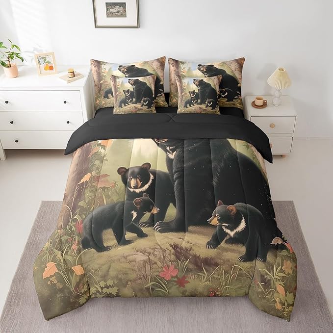 Erosebridal Bears Comforter Sets with Sheets, Rustic Wildlife Bedding Set Twin for Boys Girls Natural Wild Bear 7Pcs Bed in A Bag Wooden Cabin Decor Bed Set