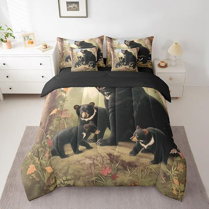 Erosebridal Bears Comforter Sets with Sheets, Rustic Wildlife Bedding Set Twin for Boys Girls Natural Wild Bear 7Pcs Bed in A Bag Wooden Cabin Decor Bed Set