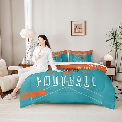 Feelyou Football 7 Pieces Comforter Sets Queen Size Rugby Sports Bedding Set for All Season Football City Bed in a Bag with Comforter, Sheets, Pillowcases & Cushion Cover