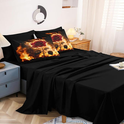 Black Red Comforter Set Fire Rose Romantic Bedding Set Red Rose Flower Floral Orange Flame Bedding Love Couple Comforter Black King Bed in A Bag