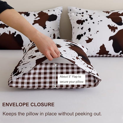 PERFEMET Queen Size Cow Print Bedding Comforter Set, Brown White Cowhide Western Comforter Sets, Geometric Checkered Reversible Cowboy Quilt Set (Brown White, Queen)