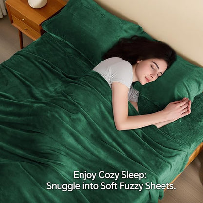 BEDELITE Flannel Sheets King Size Dark Green - Super Soft Fleece Sheets Set Fluffy Extra Plush, 4 Piece(Include Fitted Sheet, Flat Sheet, 2 Pillowcases)