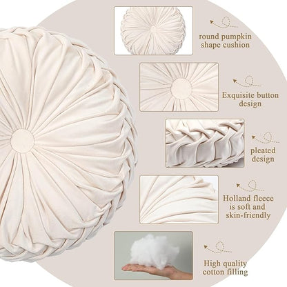 Round Throw Pillows Decorative Pleated Throw Pillows 15'' Diameter Accent Pumpkin Boho Chair Cushion for Couch Sofa Home Decoration(Velvet,Beige,1 Pcs)