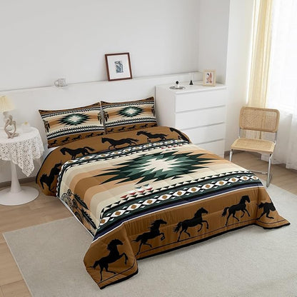 Feelyou Rustic Western Bedding Set Full Size Kids Brown Southwestern Aztec Comforter for Boys Girls Teens Western Horse Comforter Set Soft Microfiber Boho Geometric Room Decor