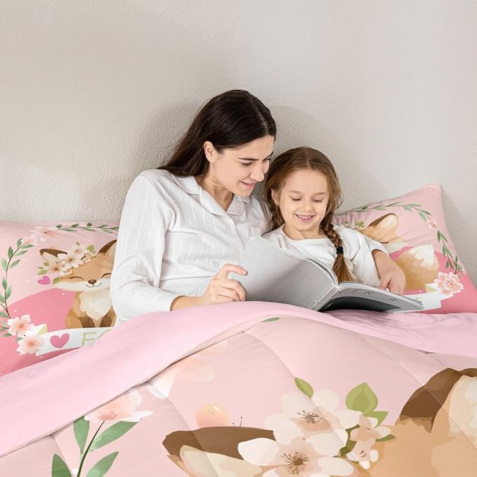 Feelyou Girls Cartoon Fox Comforter Set Cute Fox Bedding Set for Kids Boys Girls Kawaii Animal Duvet Set Botanical Floral Comforter 1 Comforter Set with 2 Pillowcases Queen Size
