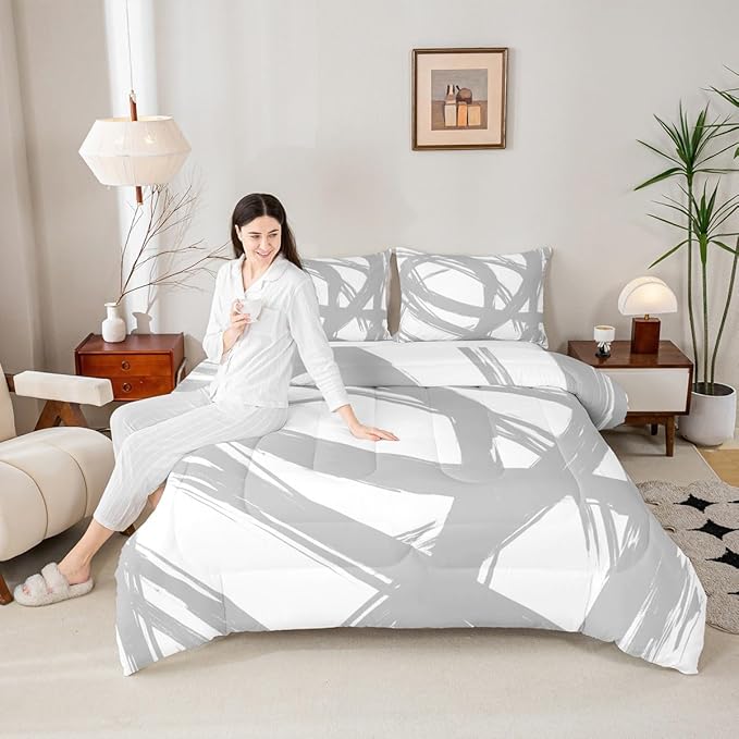 Gray and White Striped Bedding Set Full Size for Adults Youth Teens,Contemporary Boho Modern Art Comforter Set,Graffiti Stripes Lines Quilt,Aesthetic Geometric Duvet Insert for Minimalists
