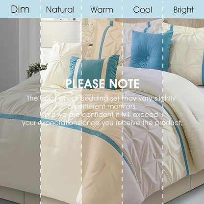 Beige Blue Comforter Set, Queen, 7 Piece Bed in a Bag, Microfiber Handcrafted Pintucking, All Season Bedding Set with Comforter, Bedskirt, Pillow Shams and Decro Pillows