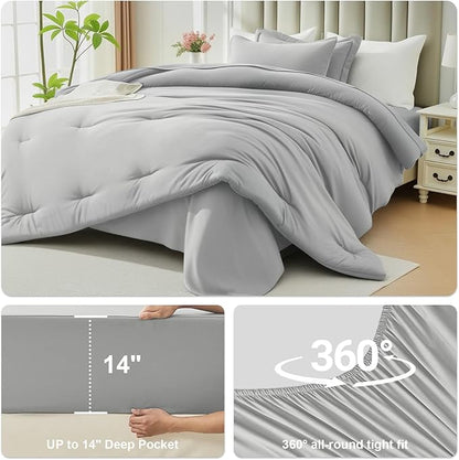 Twin Comforter Set 5 Piece - Soft Bed in a Bag Queen Size Comforter Sets, Cozy Luxury Bedding Sets with All Season Comforter, Flat Sheet, Fitted Sheet,Pillowcases & Shams, Light Gray