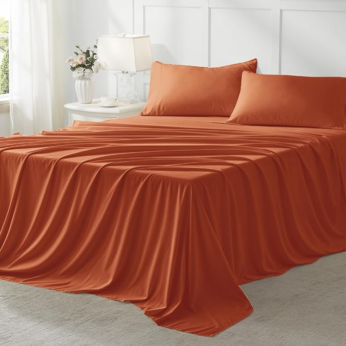 Anluoer Full Size Bed in a Bag 7 Pieces, Burnt Orange Bed Comforter Set with Sheets, All Season Bedding Sets with 1 Comforter,2 Pillow Shams,2 Pillowcases, 1 Flat Sheet,1 Fitted Sheet