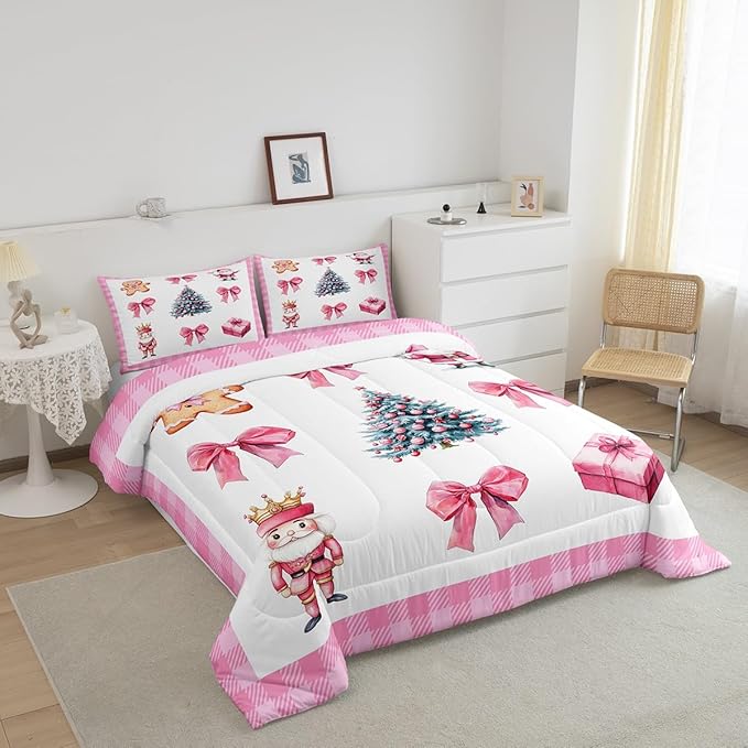 Erosebridal Christmas Tree Bedding Comforter Sets Pink Xmas Bowknot Bedding Set Twin for Kids Girls Teen,Cute Santa Claus Gingerbread Man Comforter Set Kawaii Grid Plaid Quilt Duvet