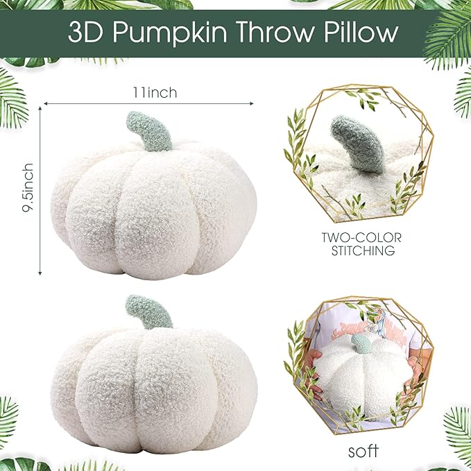 Queekay 2 Pcs Pumpkin Pillow Plush 11 x 9.5 Inch Thanksgiving Stuffed Pumpkin Decor for Fall Home Bedroom Throw Pillow Cushion Gifts for Holiday Operation Christmas Halloween Car Sofa(White)