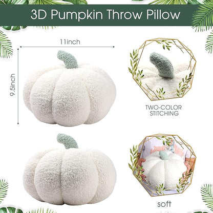 Queekay 2 Pcs Pumpkin Pillow Plush 11 x 9.5 Inch Thanksgiving Stuffed Pumpkin Decor for Fall Home Bedroom Throw Pillow Cushion Gifts for Holiday Operation Christmas Halloween Car Sofa(White)