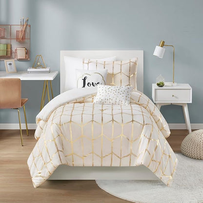 Intelligent Design Raina Twin / Twin XL Comforter Set, Soft Microfiber Comforter Set Twin, Modern Geometric Metallic Bed Set, 4 Pieces College Bedding Comforter Set with 1 Sham, 2 Toss Pillows Ivory