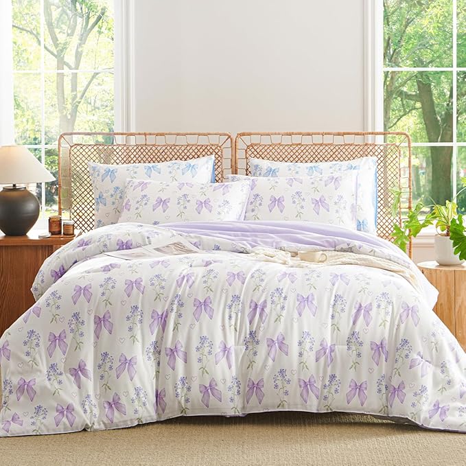 Purple Bow Comforter Set Twin 2 Pieces Floral Bedding Set for Girls Kids, Romantic Princess Style Bowknot Bedding, Ultra Soft Microfiber Garden Flower Comforter Sets with 1 Pillowcase