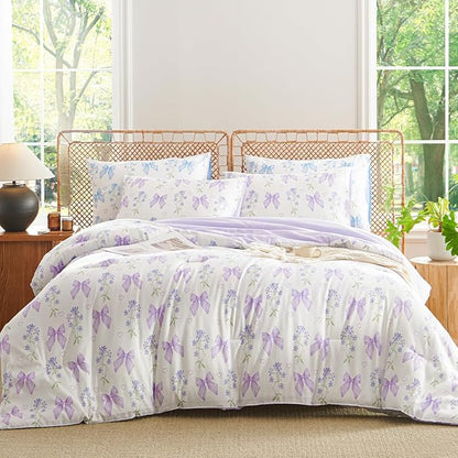 Purple Bow Comforter Set Twin 2 Pieces Floral Bedding Set for Girls Kids, Romantic Princess Style Bowknot Bedding, Ultra Soft Microfiber Garden Flower Comforter Sets with 1 Pillowcase