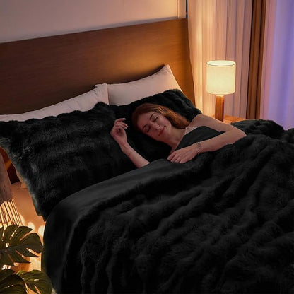 Lotus Karen Faux Fur Full Comforter Set, Black Fluffy Big Bubble Faux Rabbit Fur Winter Comforter Sets, Warm Cozy Fuzzy Bed Set 3 Pieces, 1 Comforter and 2 Pillowcases