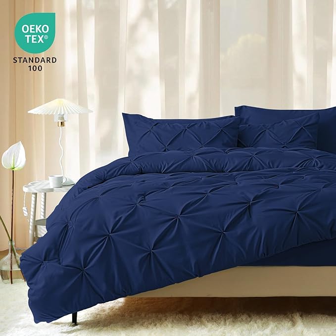 JOLLYVOGUE Full Size Comforter Sets 7 Pieces - Bed in a Bag Full for All Season, Pintuck Bedding Comforter Sets with Comforter, Flat Sheet, Fitted Sheet and Pillowcases & Shams, Navy