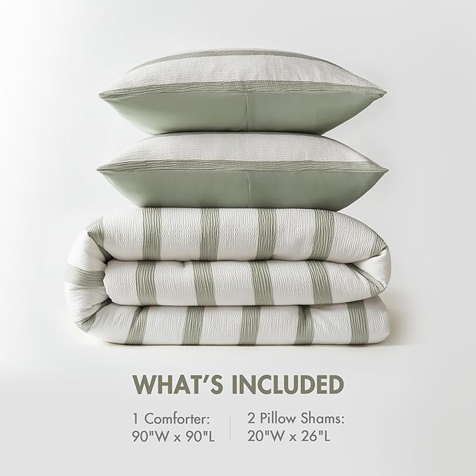 Madison Park Essentials Striped Comforter Set Queen Size, Yarn-Dyed Reversible Comforter with Minimalist Stripes, Crinkled Texture Bedding Set for All-Season Lightweight Warmth, Merritt Sage Green