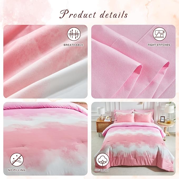Blush Pink and White Gradient Comforter Set Queen Size 7 Pieces Elegant Ombre Bed in a Bag - Reversible All Season Bedding Set with Comforter, Flat Sheet, Fitted Sheet, 2 Pillowcases & 2 Pillow Shams