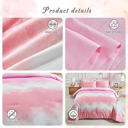 Blush Pink and White Gradient Comforter Set Queen Size 7 Pieces Elegant Ombre Bed in a Bag - Reversible All Season Bedding Set with Comforter, Flat Sheet, Fitted Sheet, 2 Pillowcases & 2 Pillow Shams