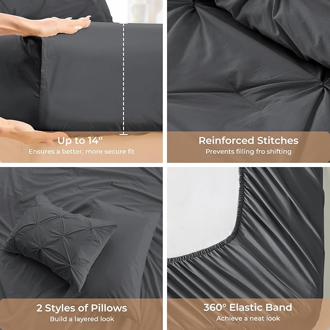 Sasttie Twin Comforter Set, 5-Piece Bed in a Bag, Pintuck Bedding Sets for All Season, Includes Comforter, Flat Sheet, Fitted Sheet, Pillowcase and Pillowsham, Dark Grey