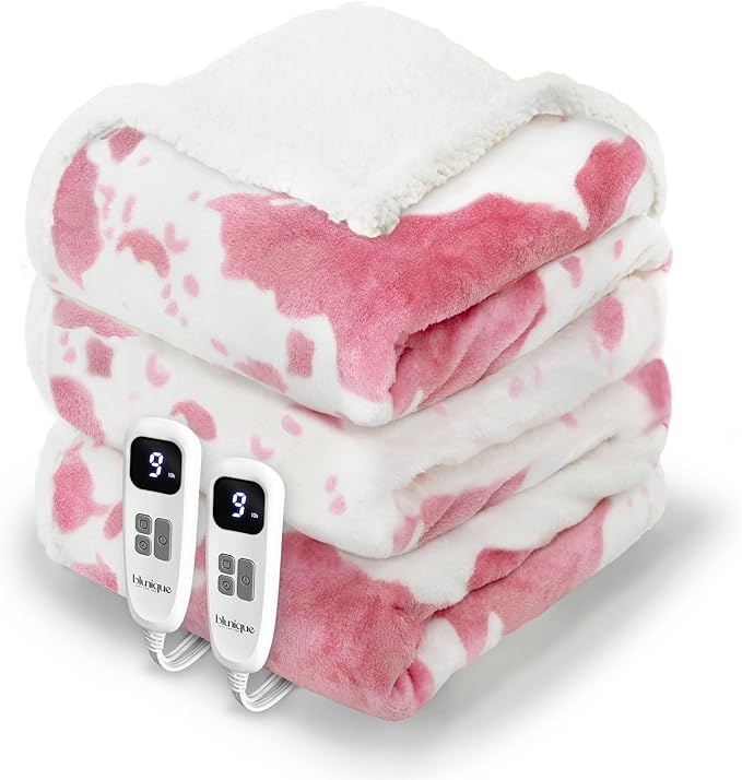 Cow Print Heated Electric Blanket King Size-Heating Blanket King Size with 10 Heat Levels & 10 Hours Auto-Off, Cozy Soft Fleece Sherpa, Washable, 90x100 Inche Cow Print Pink