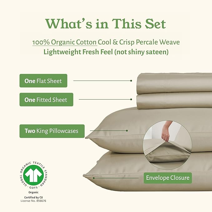 California Design Den California King Sheets Deep Pockets Set - Soft 100% Organic Cotton Percale Sheets, Breathable and Durable Bedding Set - Warm Taupe