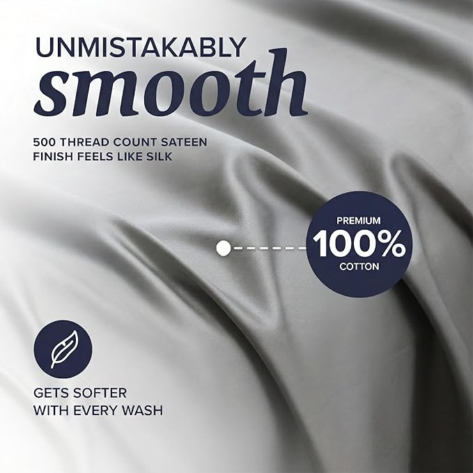 Beckham Hotel Collection Full Sheet Set 100% Cotton, 500TC Luxury Sateen Bedding, 16” Deep Pocket, Moisture-Wicking, 4-Piece, Dark Gray