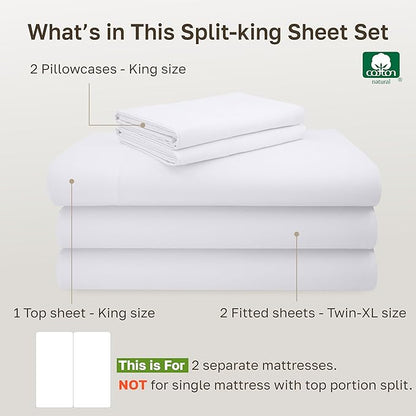 California Design Den Split King Sheet Set - 100% Cotton, 600 Thread Count, Breathable Luxury King Size Sheets for Adjustable Bed, Luxury Soft Hotel-Quality, Sateen Weave - Bright White