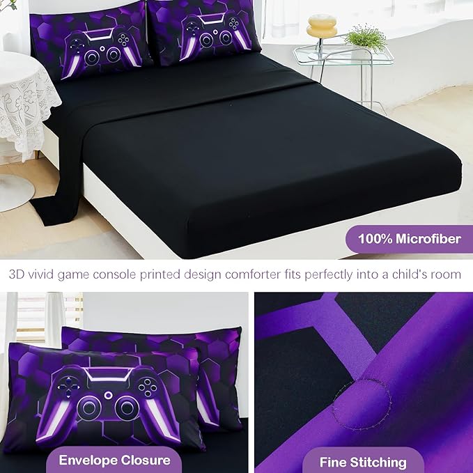 URBONUR 6 Pieces Twin Bed Set for Boys Girls E-Sports Themed 3D Game Consoled Pattern Bedding Comforter Set with Sheets for Kids Room Decor, Purple