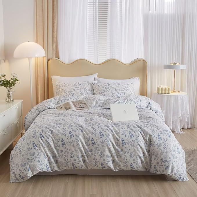 MKXI Comforter Full Size Botanical Comforter Set White Base with Blue Designs Lightweight Floral Bedding for Girls All Sean Warm Soft Bed Comforter