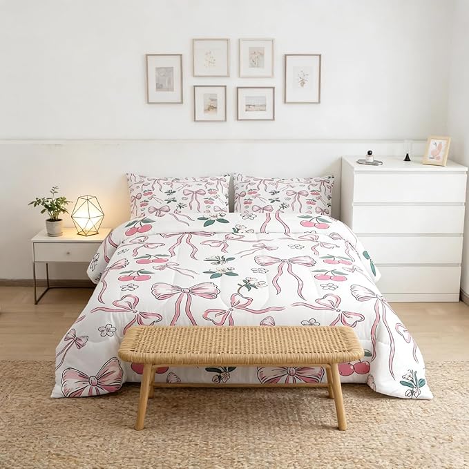 Feelyou Pink Girls Bow Comforter Set for Kids Boys Girls Kawaii Cherry Print Comforter Full Size Cute Bowknot Bedding Set Bedroom Decor Floral Botanical Duvet Set Kawaii Quilt Set 3Pcs